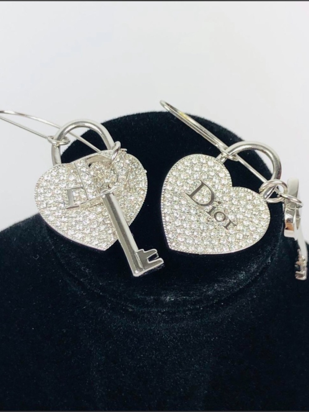 Dior Silver Crystal Heart and Key Dangle Earrings